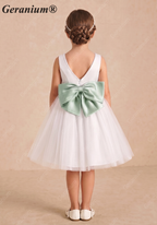 Geranium Elegant Pearl V-Neck Flower Girl Dress with Detachable Sage Green Satin Back Bow KD-298