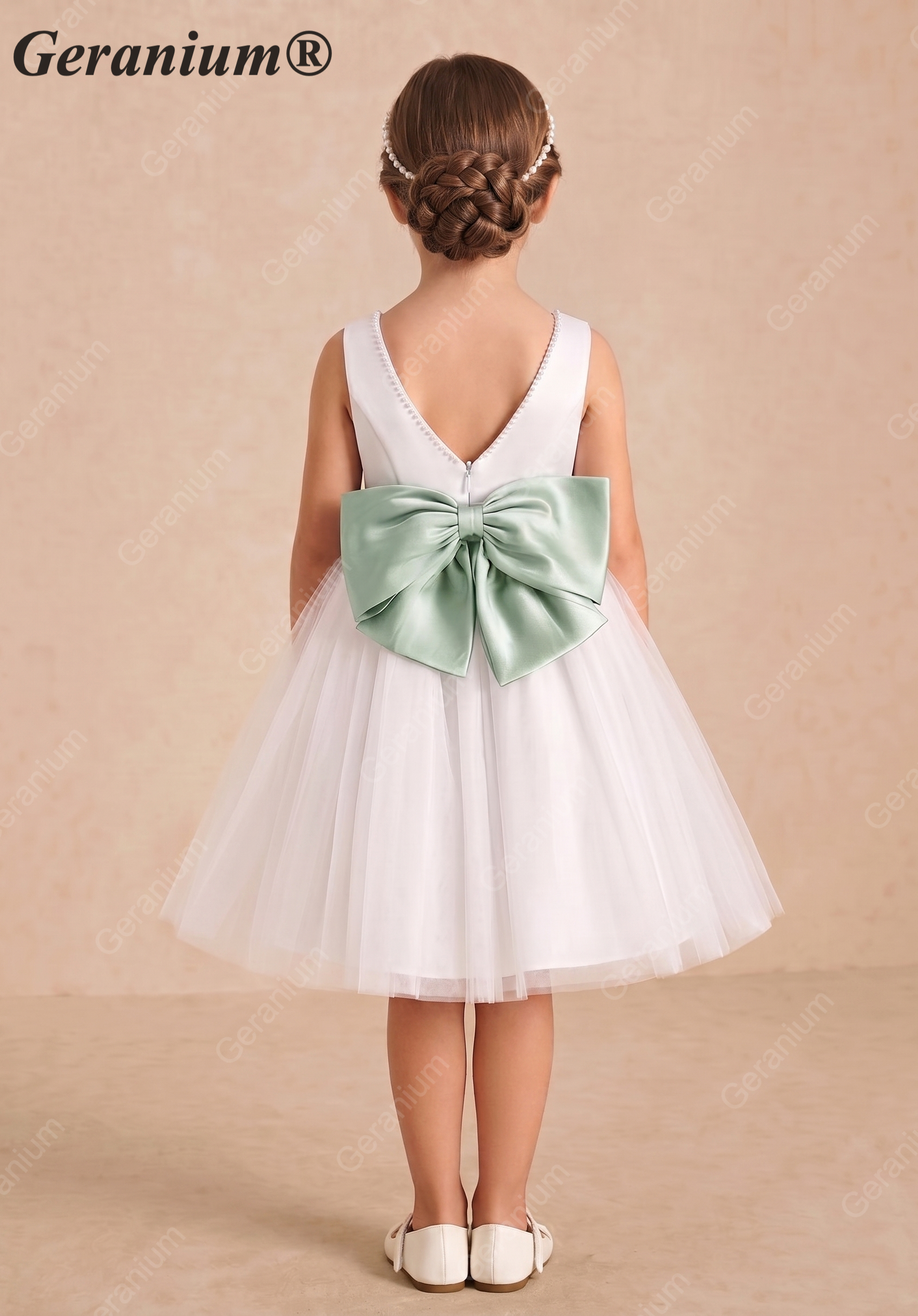 Geranium Elegant Pearl V-Neck Flower Girl Dress with Detachable Sage Green Satin Back Bow KD-298