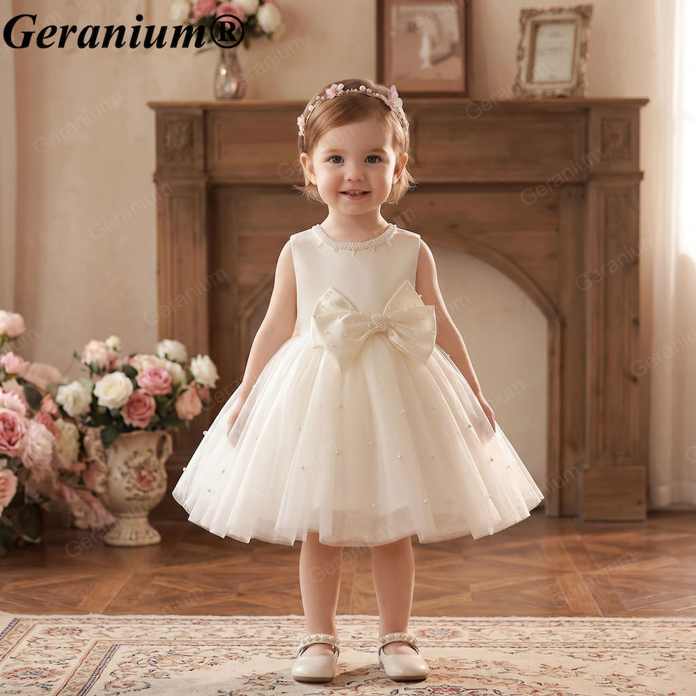 Geranium Ivory Pearl Tulle Flower Girl Dress with Oversized Bow – KD-41 Main image