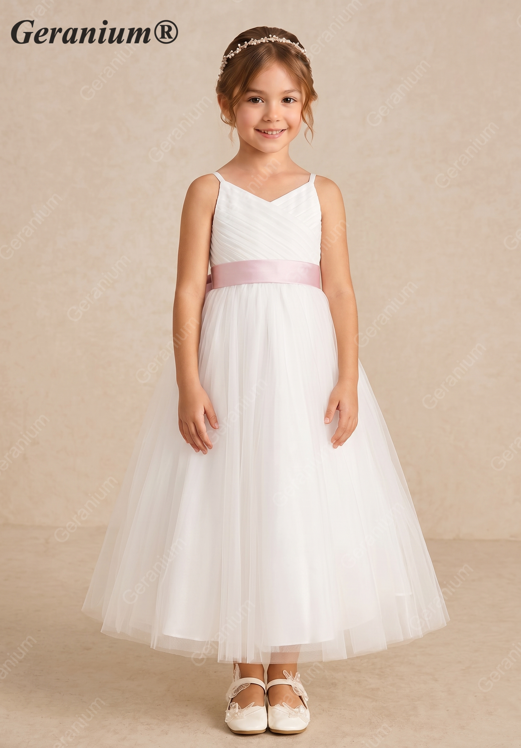 Geranium Elegant V-Neck Tulle Flower Girl Dress with Oversized Satin Back Bow & Pink Sash KD-303 Main image