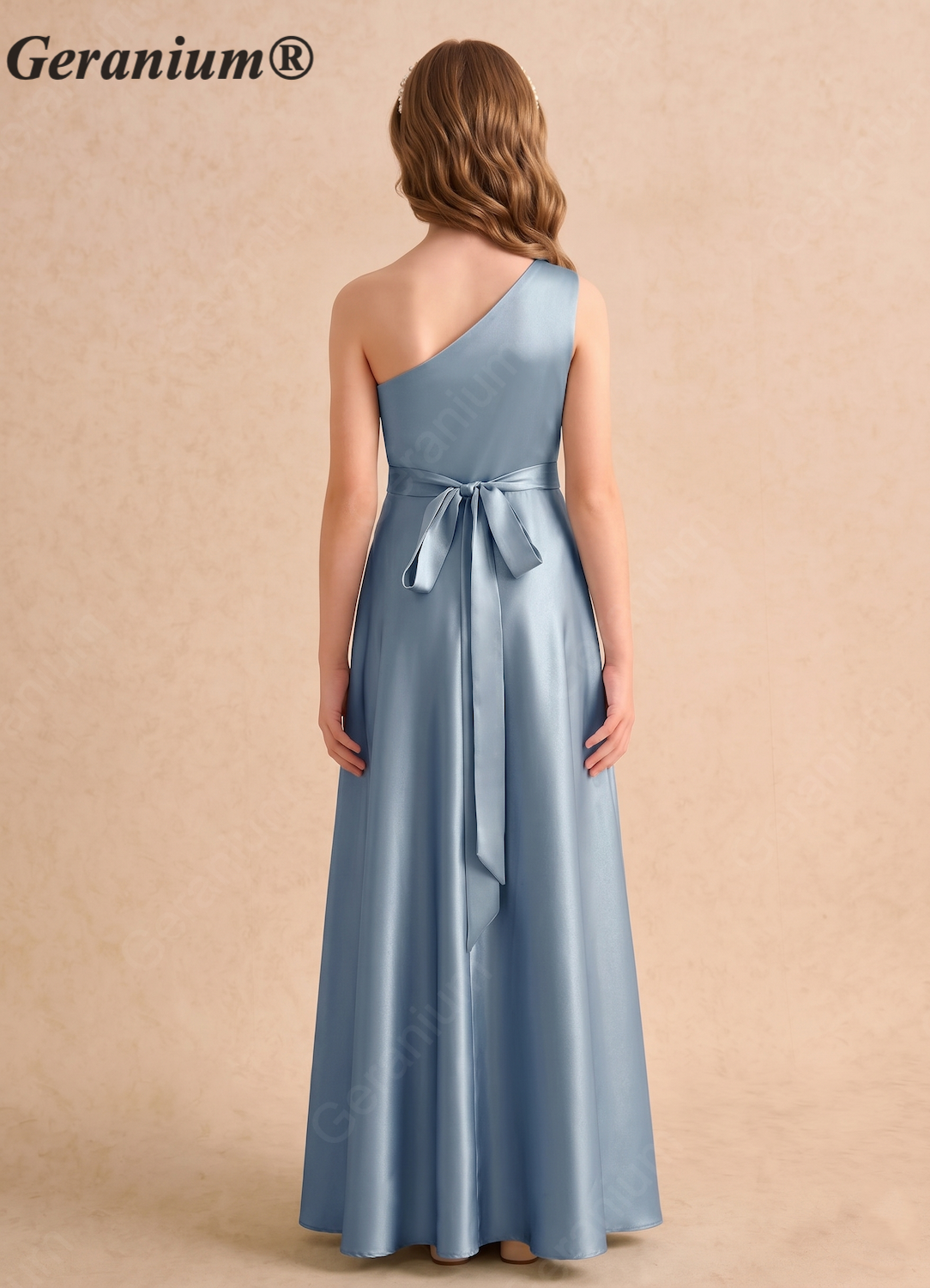 Geranium One Shoulder Satin Bridesmaid Dress with Side Drape & Waist Tie – Floor Length A-Line Formal Gown KD-160