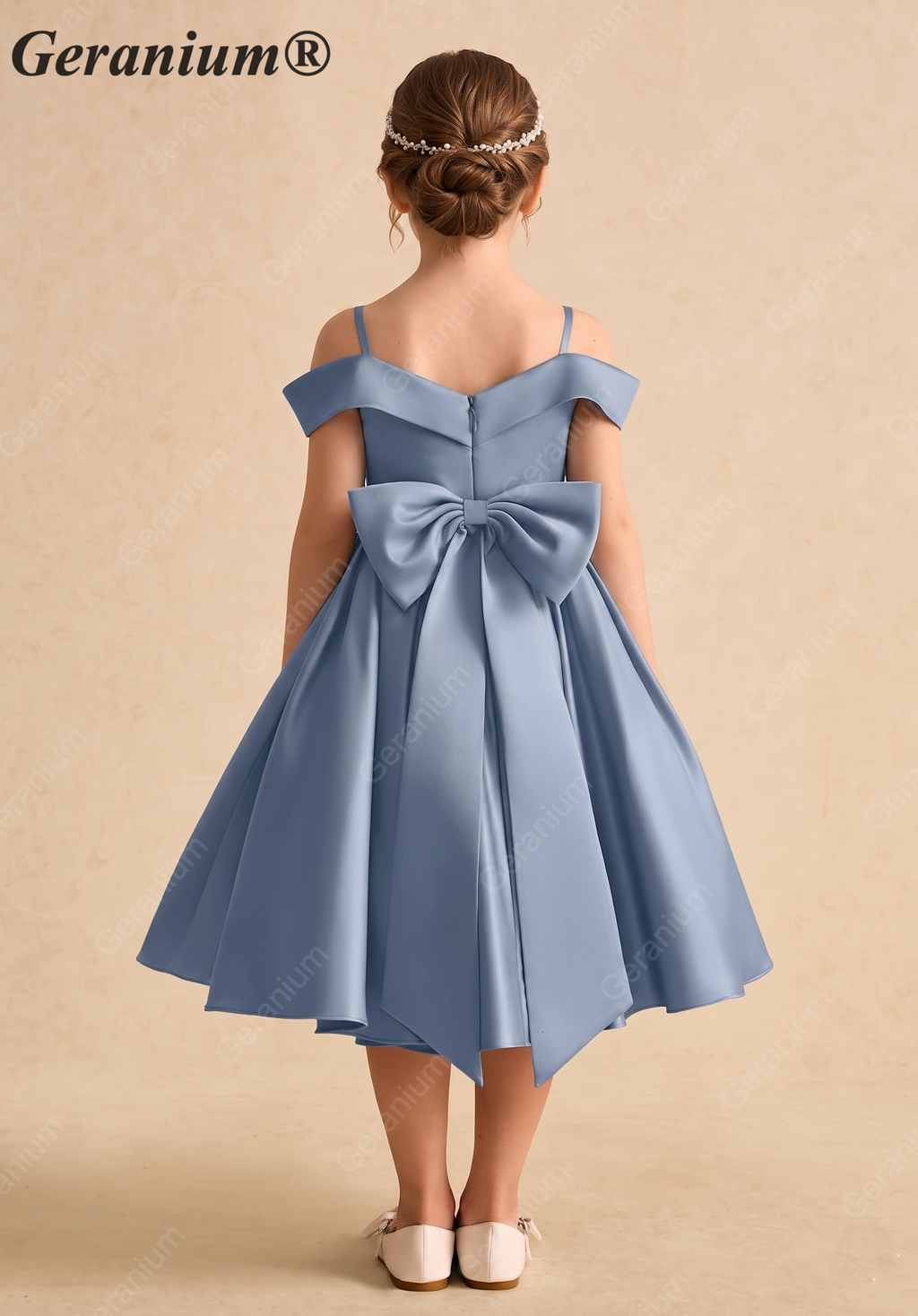 Geranium Elegant Dusty Blue Satin Off-The-Shoulder Flower Girl Dress with Oversized Back Bow KD-257