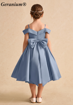 Geranium Elegant Dusty Blue Satin Off-The-Shoulder Flower Girl Dress with Oversized Back Bow KD-257