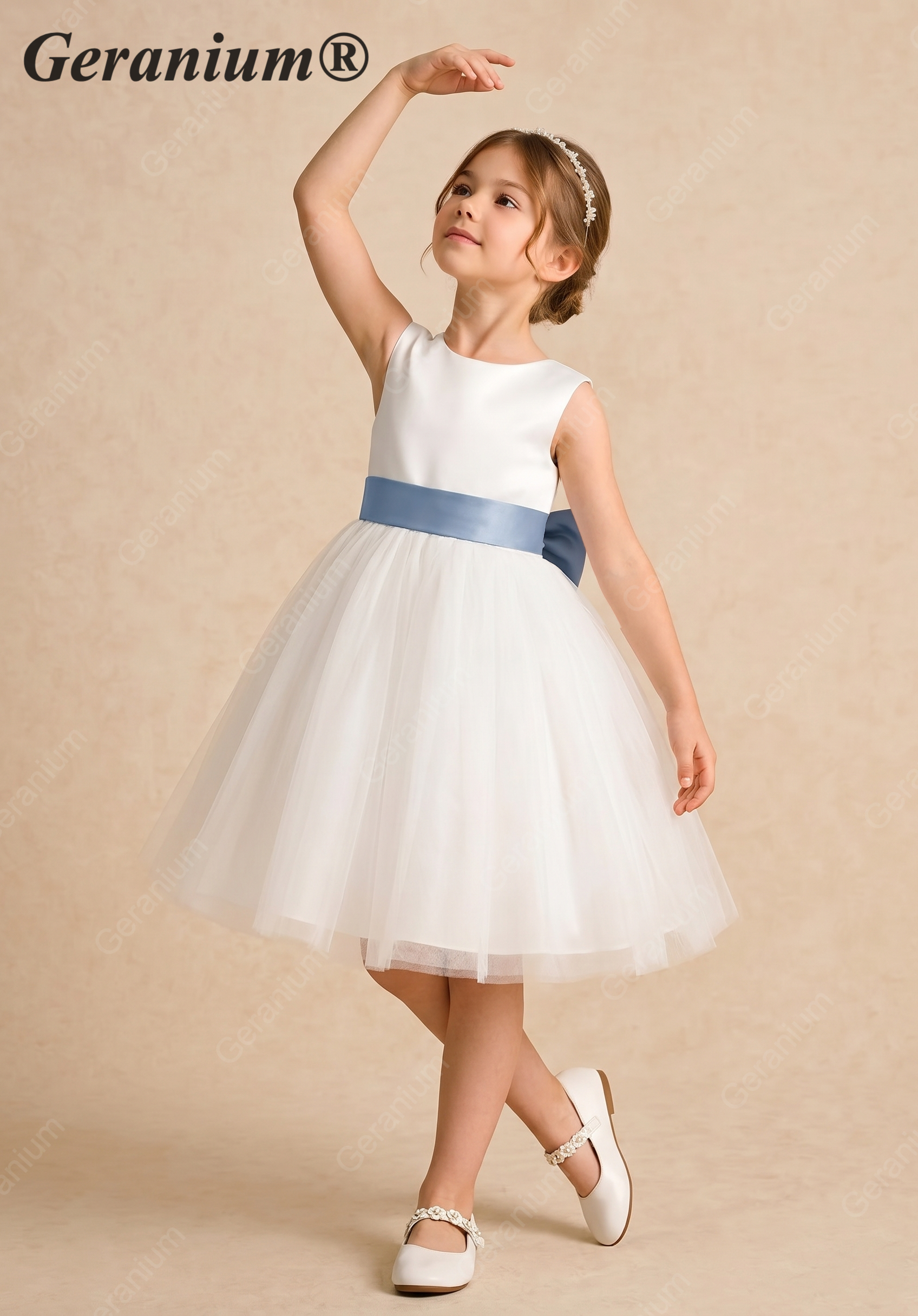 Geranium Elegant White Tulle Flower Girl Dress with Dusty Blue Pleated Sash & Oversized Back Bow KD-218 Main image