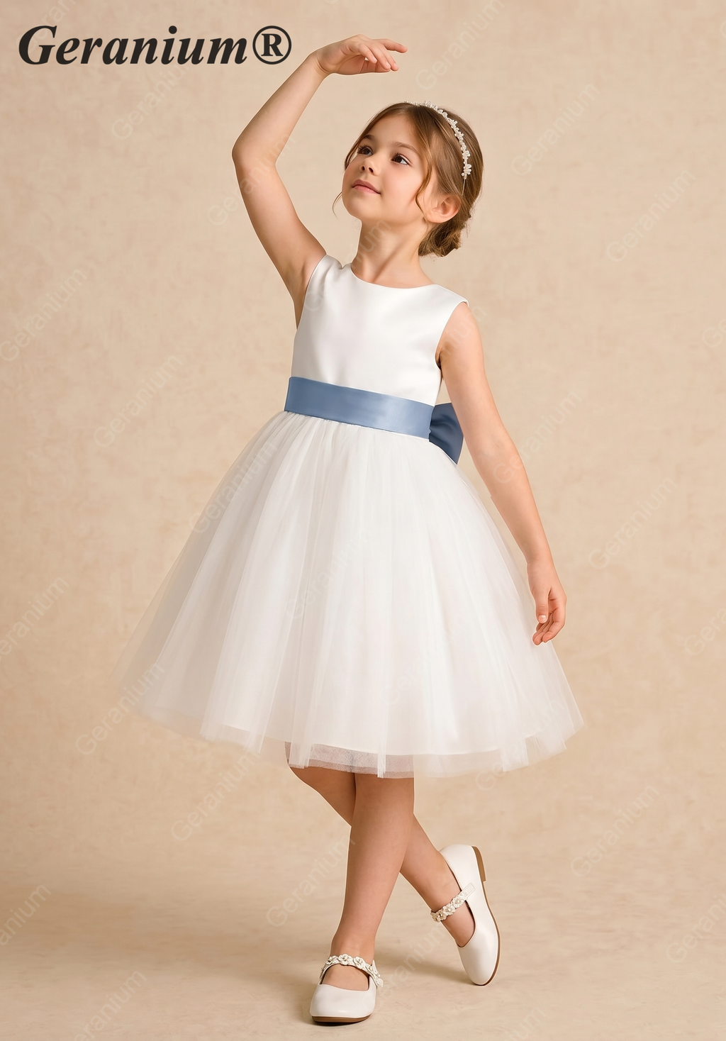 Geranium Elegant White Tulle Flower Girl Dress with Dusty Blue Pleated Sash & Oversized Back Bow KD-218