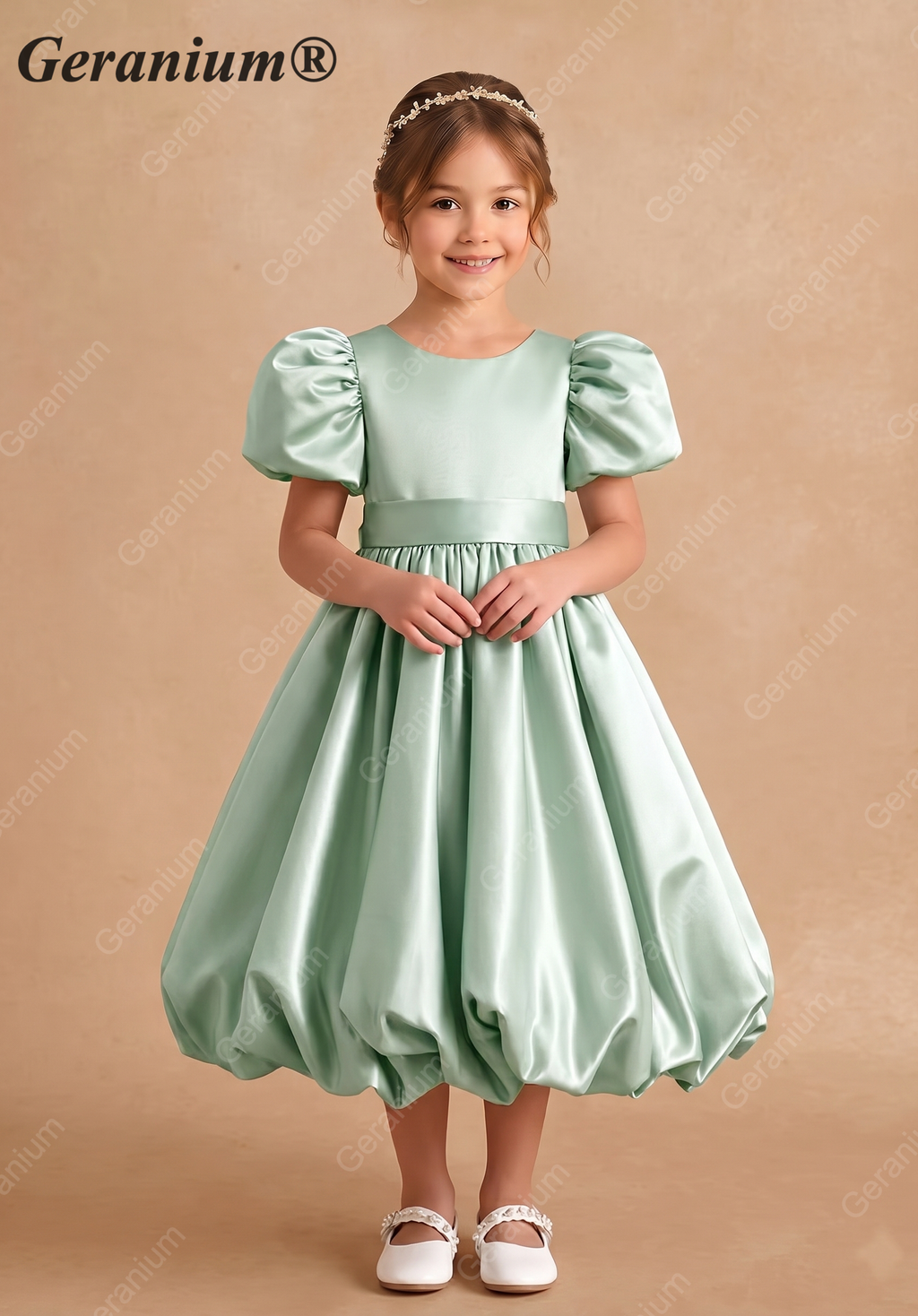 Geranium Elegant Sage Green Bubble Hem Flower Girl Dress with Puff Sleeves & Oversized Back Bow KD-241