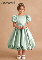 Geranium Elegant Sage Green Bubble Hem Flower Girl Dress with Puff Sleeves & Oversized Back Bow KD-241