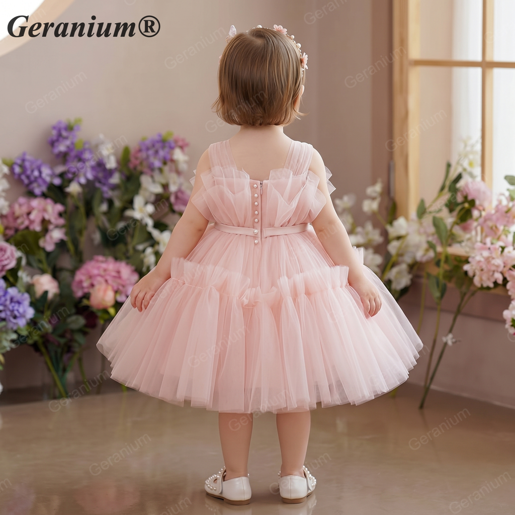 Geranium Elegant Pearl Neckline Tiered Tulle Flower Girl Dress - Sleeveless Ruffled Toddler Ball Gown for Weddings & Birthdays KD-43