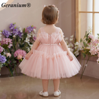 Geranium Elegant Pearl Neckline Tiered Tulle Flower Girl Dress - Sleeveless Ruffled Toddler Ball Gown for Weddings & Birthdays KD-43
