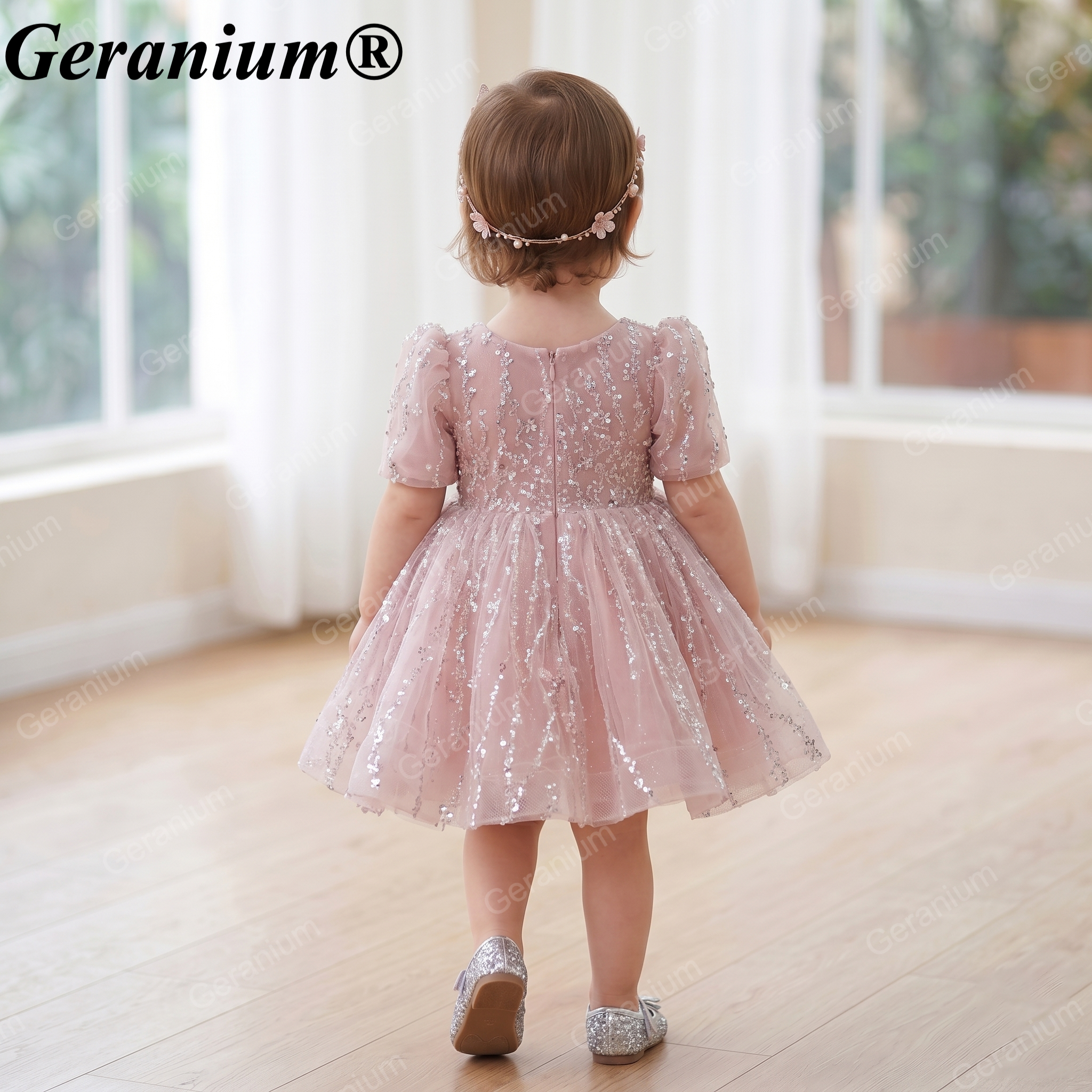 Geranium Dusty Rose Sequin Tulle Party Dress with Puff Sleeves – KD-32 Secondary image