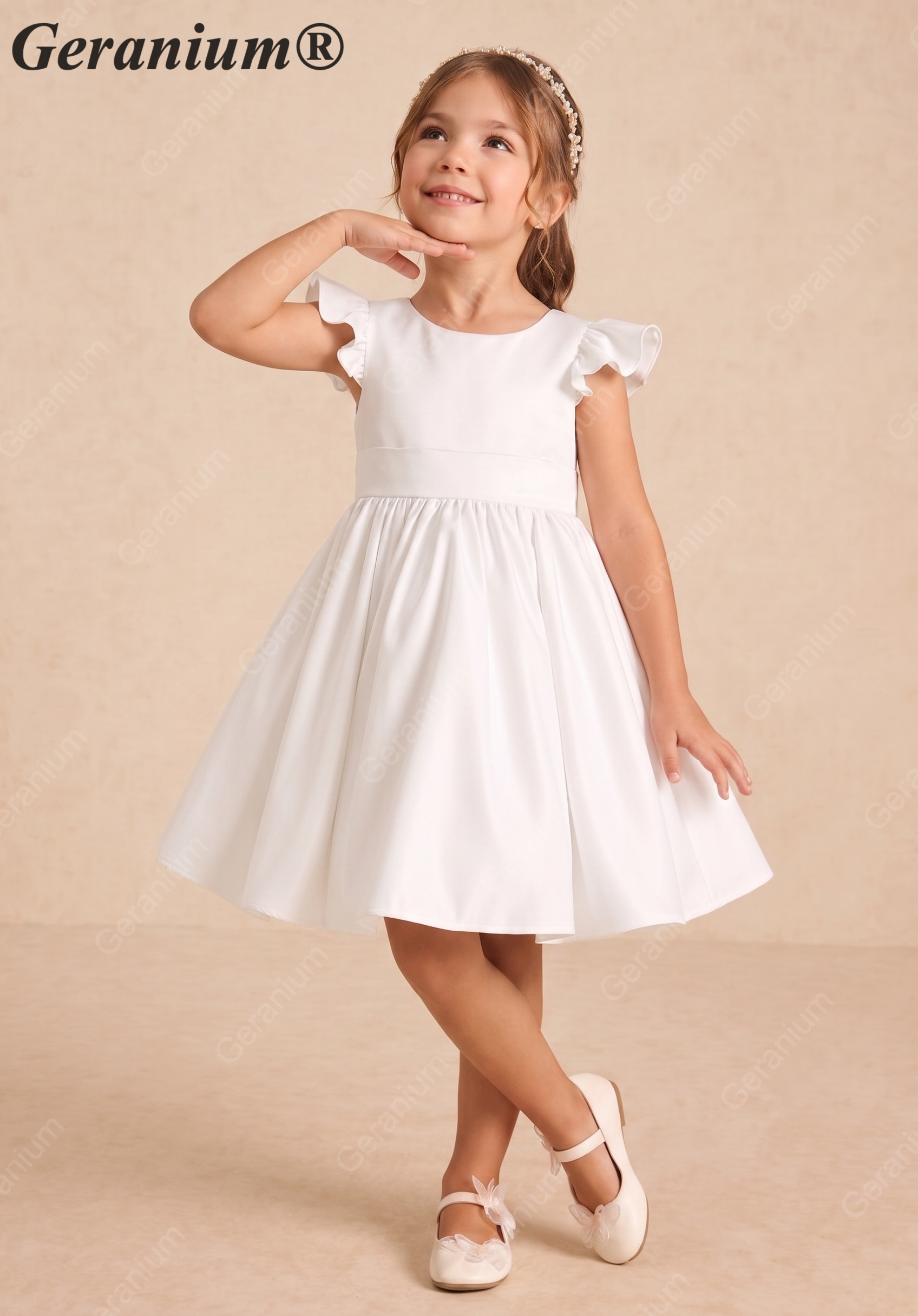 Geranium Elegant Flutter Sleeve Satin Flower Girl Dress with Oversized Back Bow - Ball Gown for Weddings & Communtions KD-280 Main image