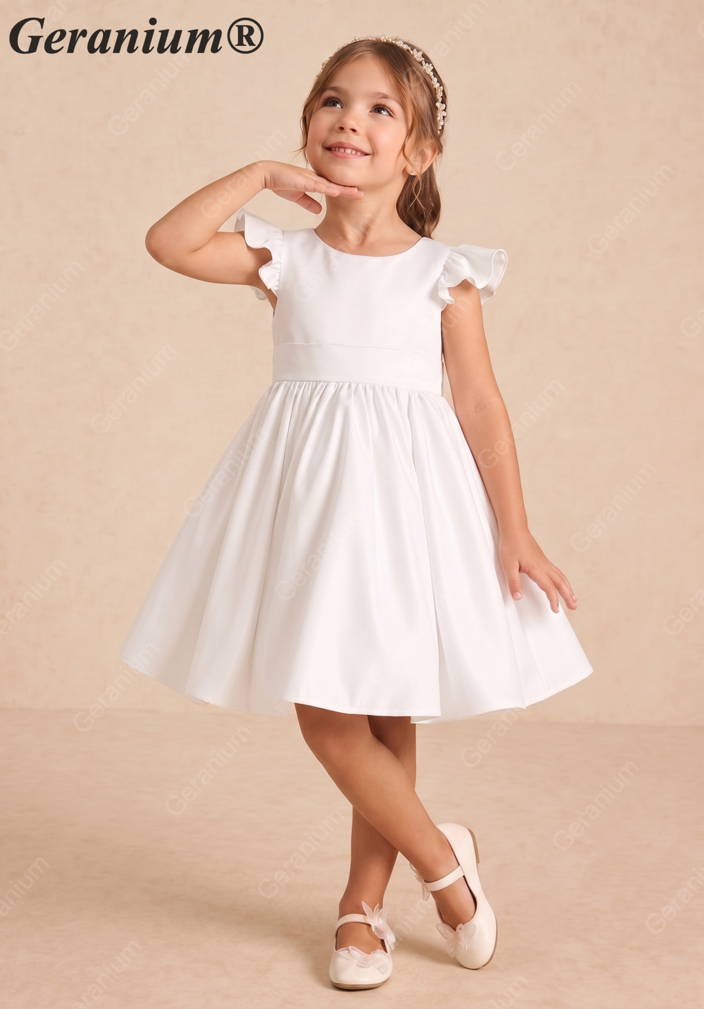 Geranium Elegant Flutter Sleeve Satin Flower Girl Dress with Oversized Back Bow - Ball Gown for Weddings & Communtions KD-280