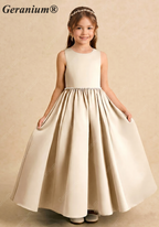 Geranium Elegant Champagne Satin Flower Girl Dress - Backless A-Line Princess Gown with Detachable Bow KD-302