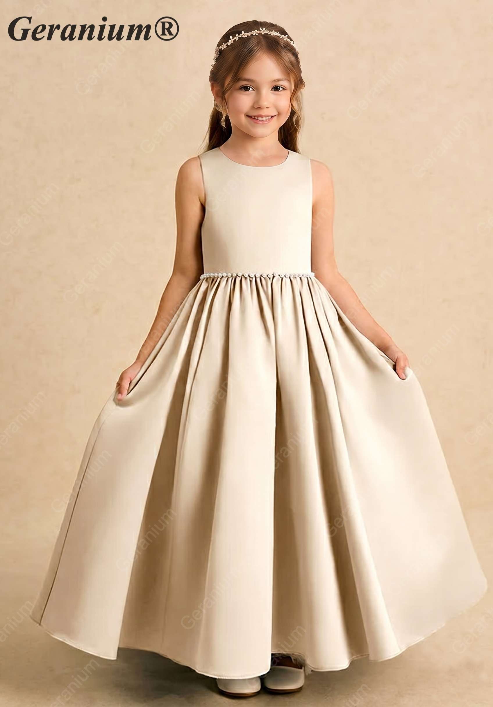 Geranium Elegant Champagne Satin Flower Girl Dress - Backless A-Line Princess Gown with Detachable Bow KD-302