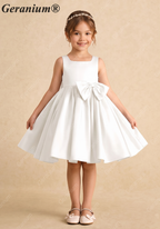 Geranium Elegant Big Bow Flower Girl Dress - Pure White Satin A-Line Princess Gown for Weddings & Birthdays KD-230