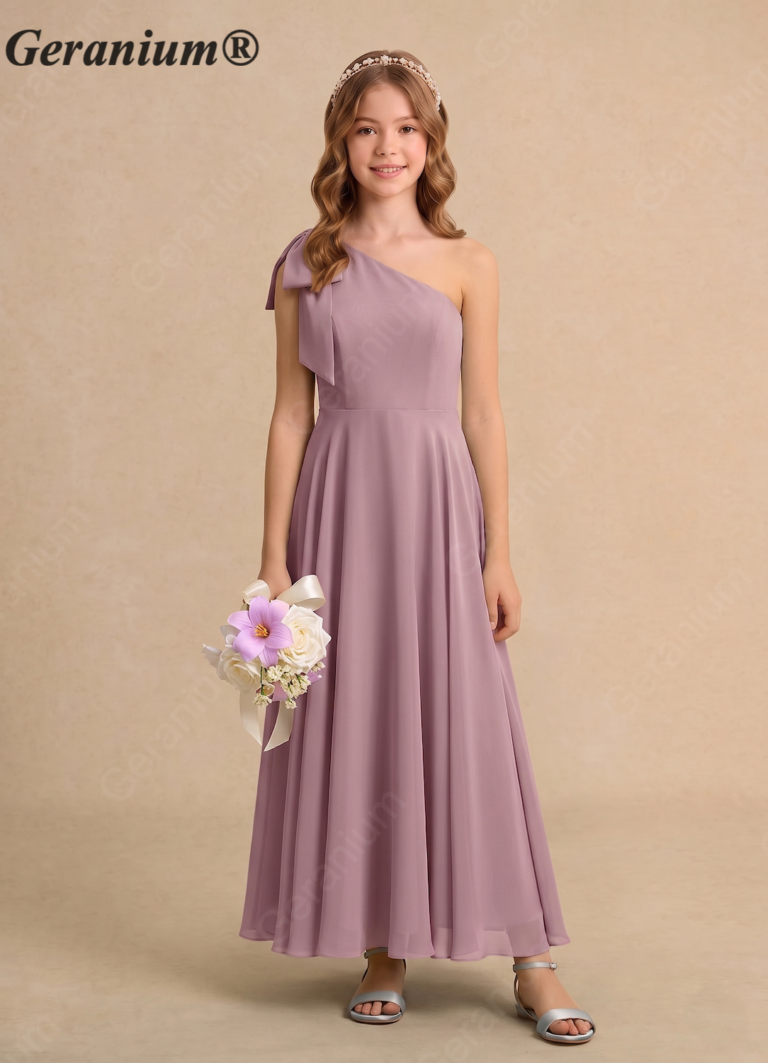 Geranium Dusty Mauve One Shoulder Flower Girl Dress with Bow – Elegant Chiffon Junior Bridesmaid Dress Long KD-106 Secondary image