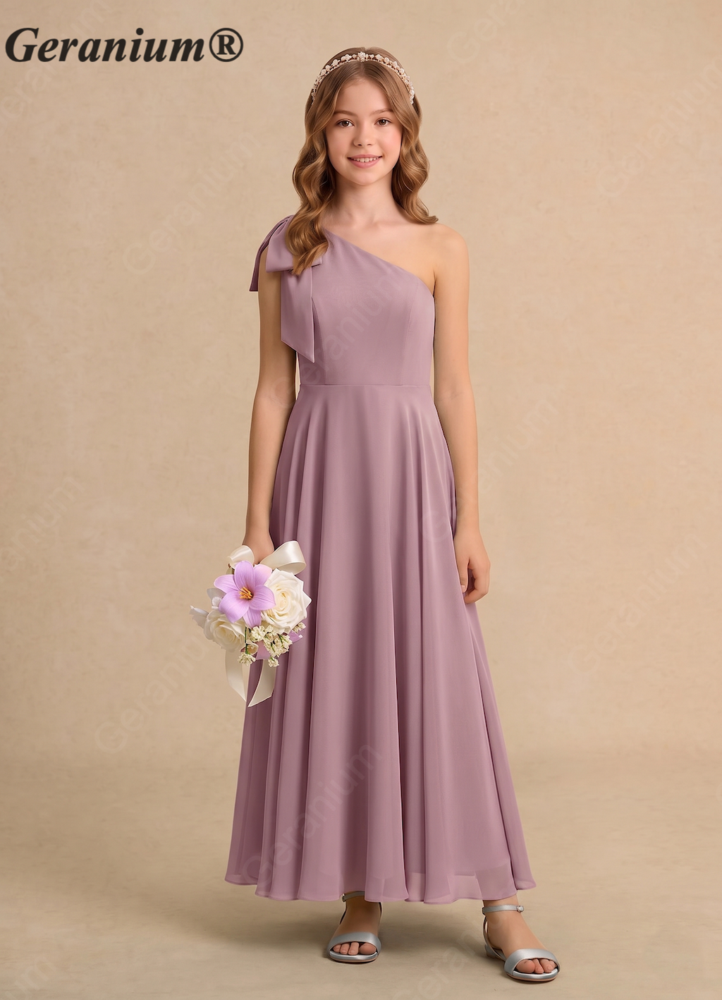 Geranium Dusty Mauve One Shoulder Flower Girl Dress with Bow – Elegant Chiffon Junior Bridesmaid Dress Long KD-106