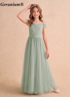 Geranium Sage Green Off-Shoulder Tulle Flower Girl Dress – Elegant A-Line Long Junior Bridesmaid Dress KD-152
