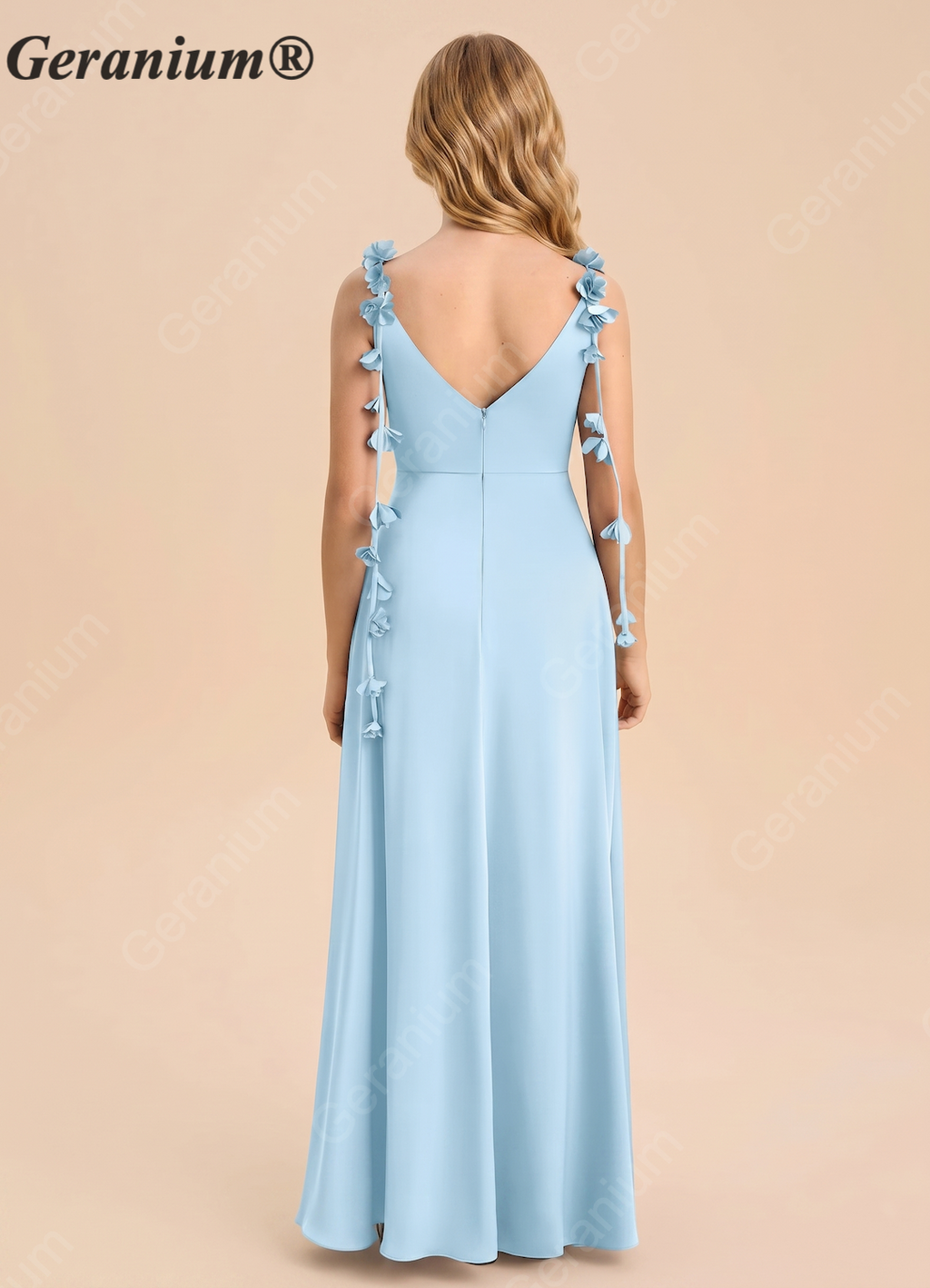 Geranium Sky Blue Floral Strap Cowl Neck Maxi Dress – Elegant Flow Bridesmaid Gown KD-81