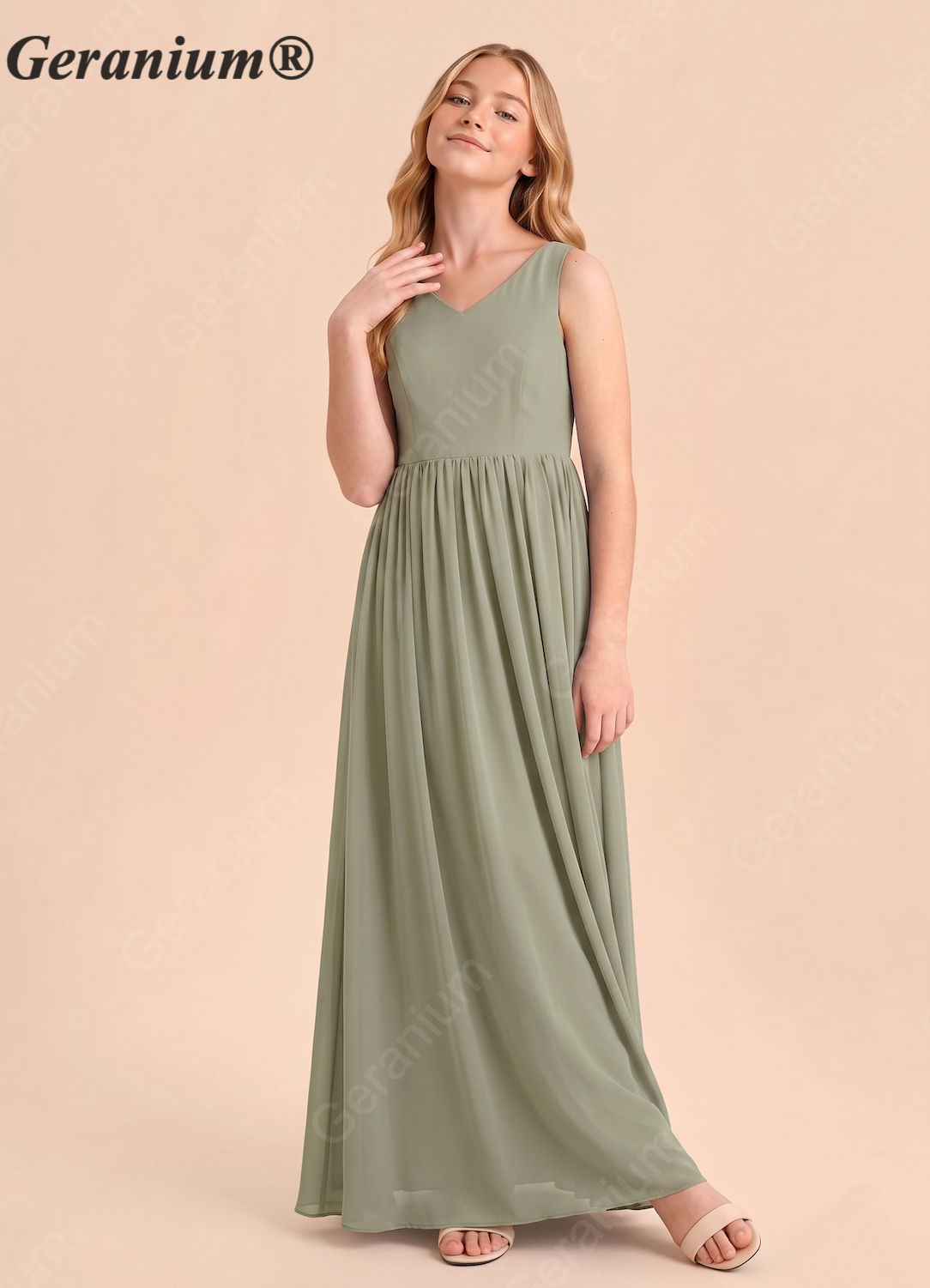 Geranium Elegant Sage Green Chiffon Floor-Length Bridesmaid Dress - V-Neck A-Line Gown with Large Back Bow, for Weddings and Formal Occasions KD-73 Secondary image