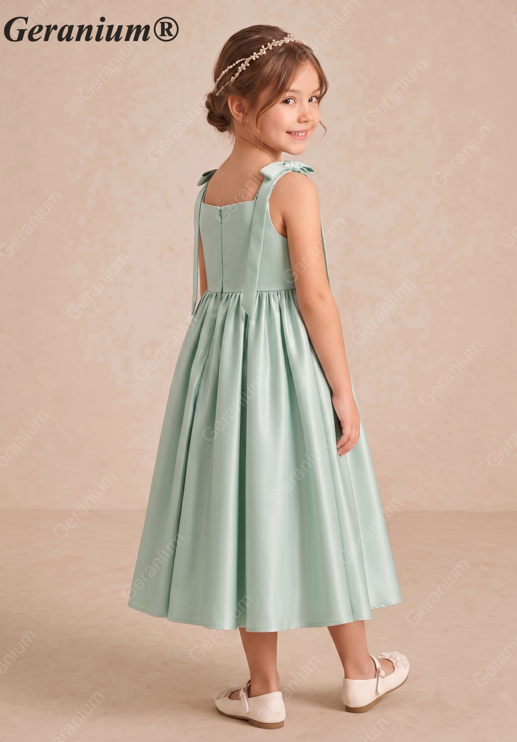 Gearanium Girls Sage Green Satin Flower Girl Dress - Tie-Shoulder A-Line Party Gown KD-288