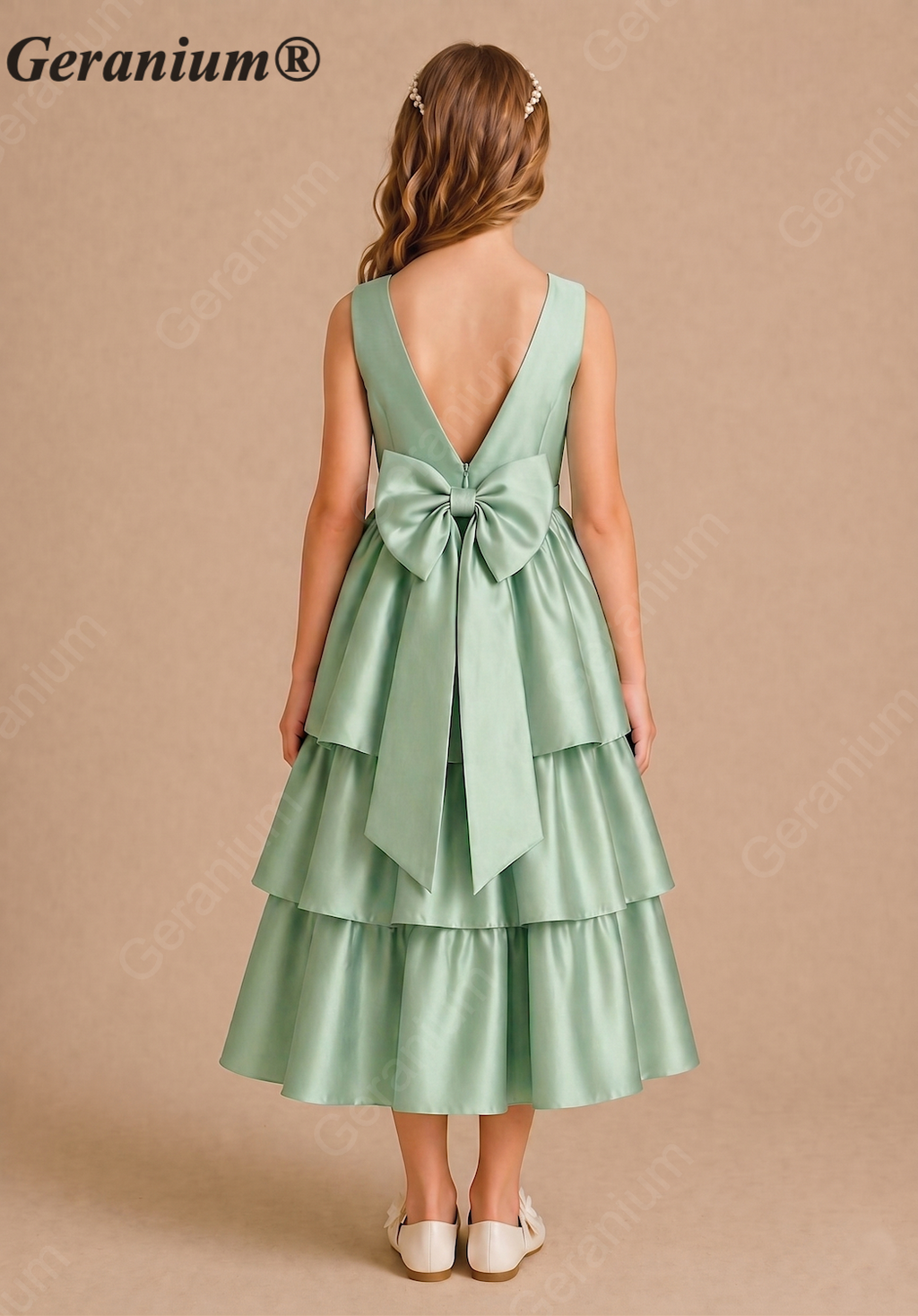 Geranium Girls Elegant Sleeveless Tiered Satin Party Dress with Big Bow KD-188J