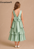 Geranium Girls Elegant Sleeveless Tiered Satin Party Dress with Big Bow KD-188J