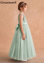 Geranium Elegant Sage Green Flower Girl Dress - Lace Applique V-Neck Tulle Ball Gown with Detachable Big Bow KD-221