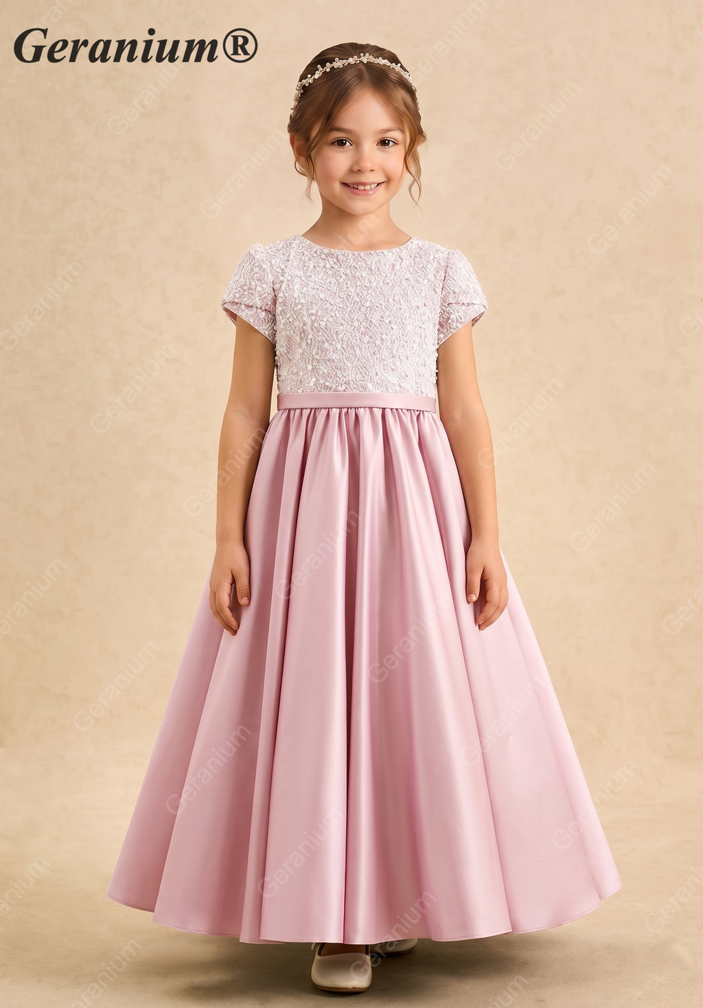 Geranium Elegant Pink Pearl Beaded Lace Flower Girl Dress with Triple Bow Back & Satin A-Line Skirt KD-237