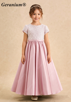 Geranium Elegant Pink Pearl Beaded Lace Flower Girl Dress with Triple Bow Back & Satin A-Line Skirt KD-237