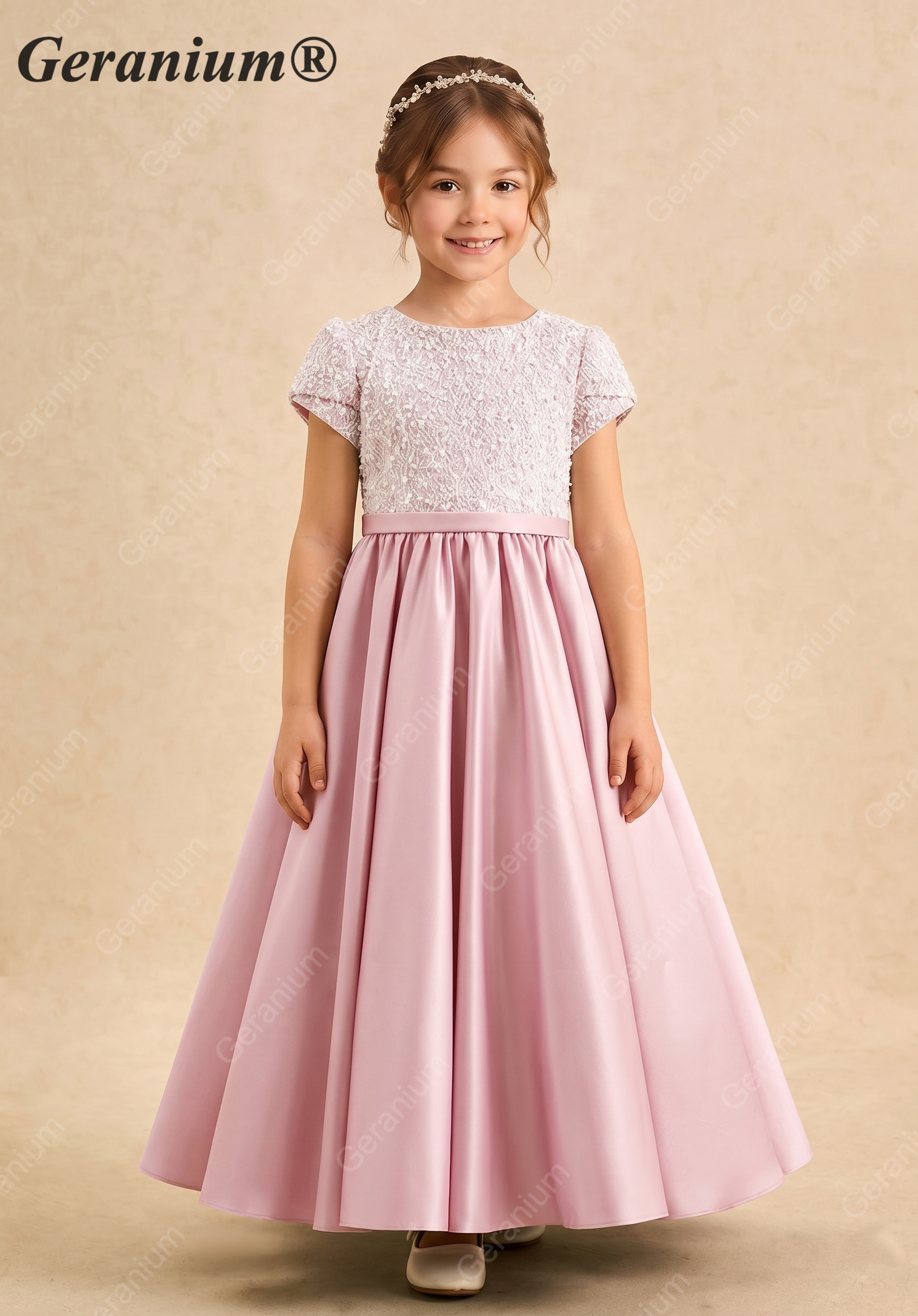 Geranium Elegant Pink Pearl Beaded Lace Flower Girl Dress with Triple Bow Back & Satin A-Line Skirt KD-237