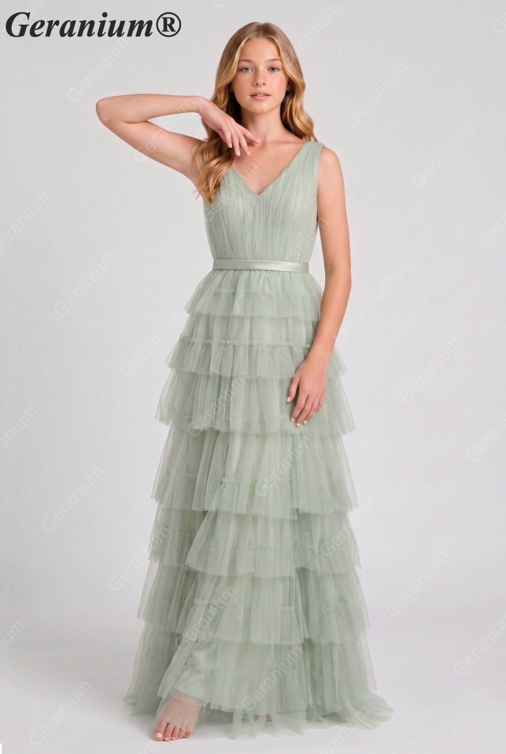 Geranium Elegant Sage Green Tiered Tulle Junior Bridesmaid Dress with V-Neck KD-334
