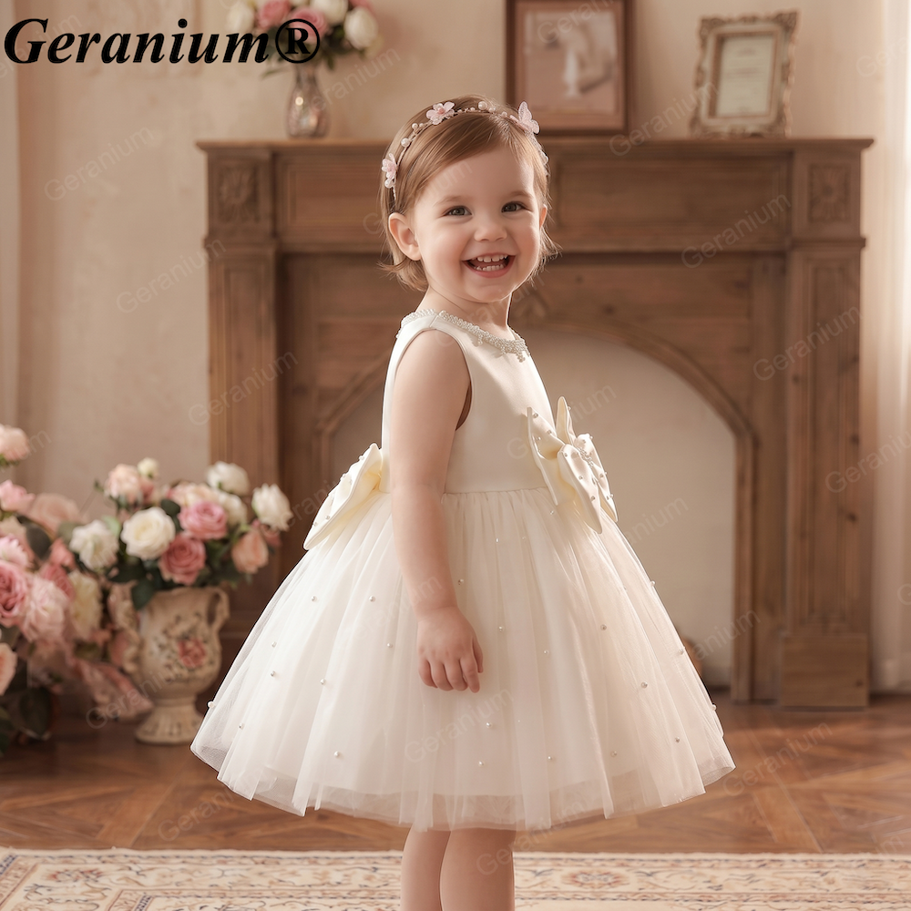 Geranium Ivory Pearl Tulle Flower Girl Dress with Oversized Bow – KD-41