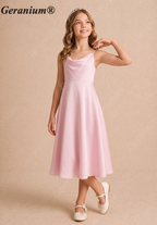 Geranium Elegant Cowl Neck Satin Junior Bridesmaid Midi Dress KD-224J