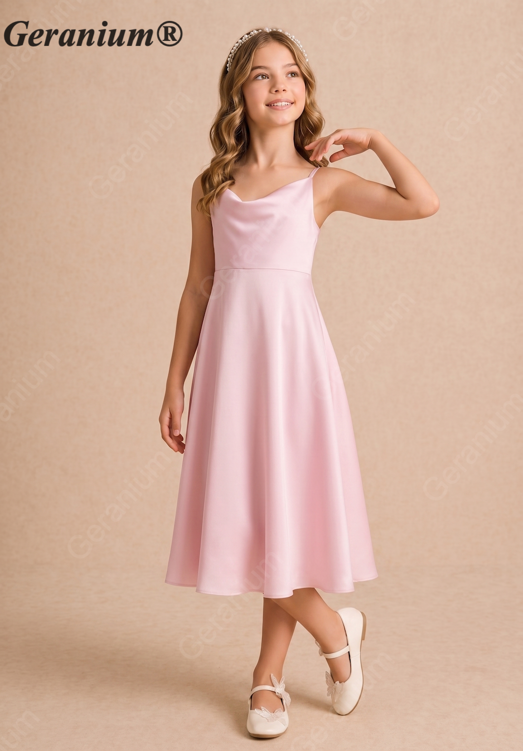 Geranium Elegant Cowl Neck Satin Junior Bridesmaid Midi Dress KD-224J