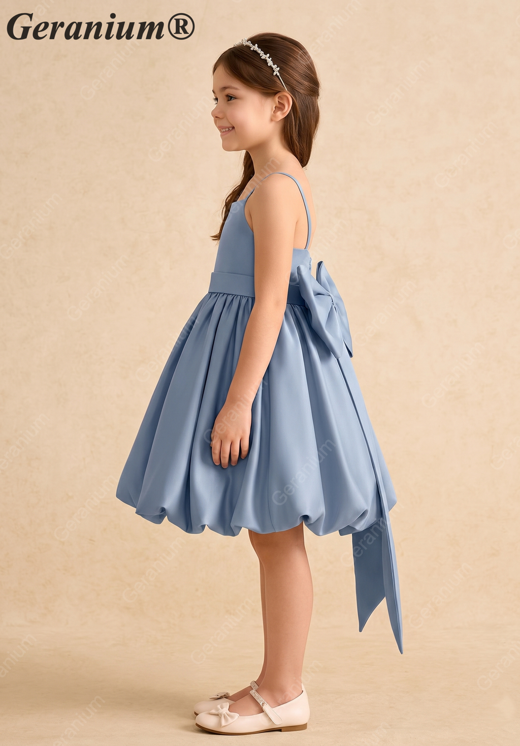 Geranium Elegant Dusty Blue Satin Flower Girl Dress - Spaghetti Strap Bubble Hem Party Gown with Oversized Back Bow KD-273