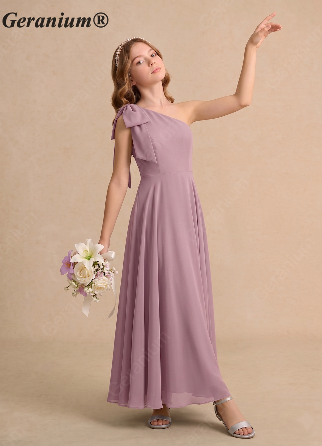 Geranium Dusty Mauve One Shoulder Flower Girl Dress with Bow – Elegant Chiffon Junior Bridesmaid Dress Long KD-106