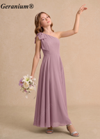 Geranium Dusty Mauve One Shoulder Flower Girl Dress with Bow – Elegant Chiffon Junior Bridesmaid Dress Long KD-106