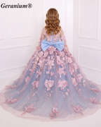 Geranium Couture 3D Floral Junior Pageant Ball Gown with Illusion Sleeves & Tulle Train KD-375