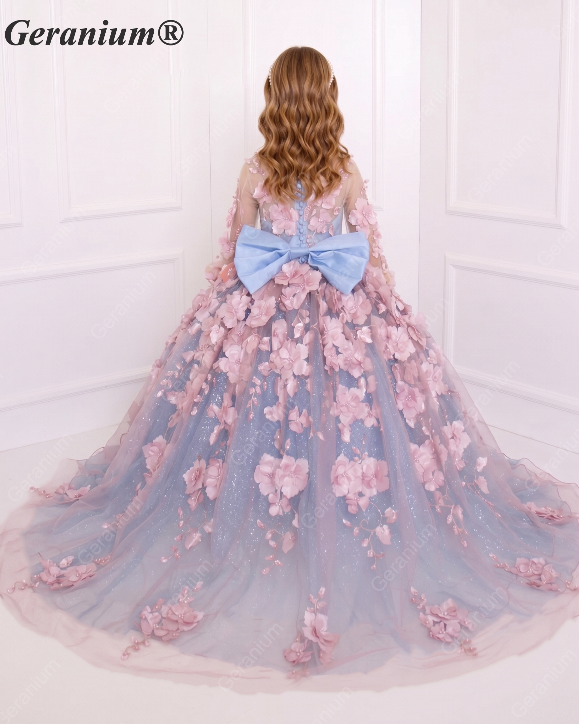 Geranium Couture 3D Floral Junior Pageant Ball Gown with Illusion Sleeves & Tulle Train KD-375