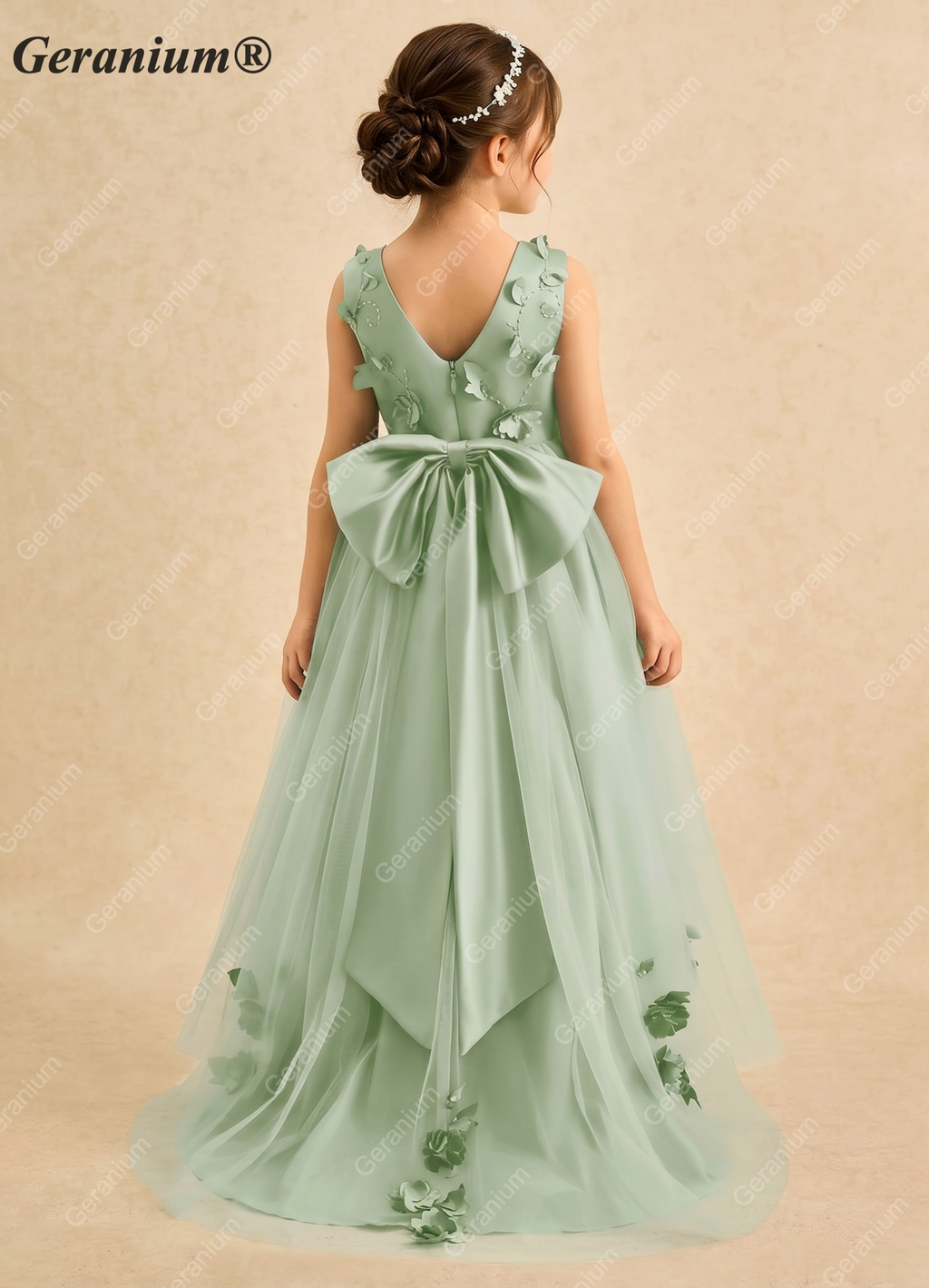 Geranium 3D Floral Applique Sage Green Flower Girl Dress - High-Low Tulle Ball Gown with Satin Bow KD-91