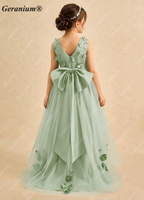 Geranium 3D Floral Applique Sage Green Flower Girl Dress - High-Low Tulle Ball Gown with Satin Bow KD-91