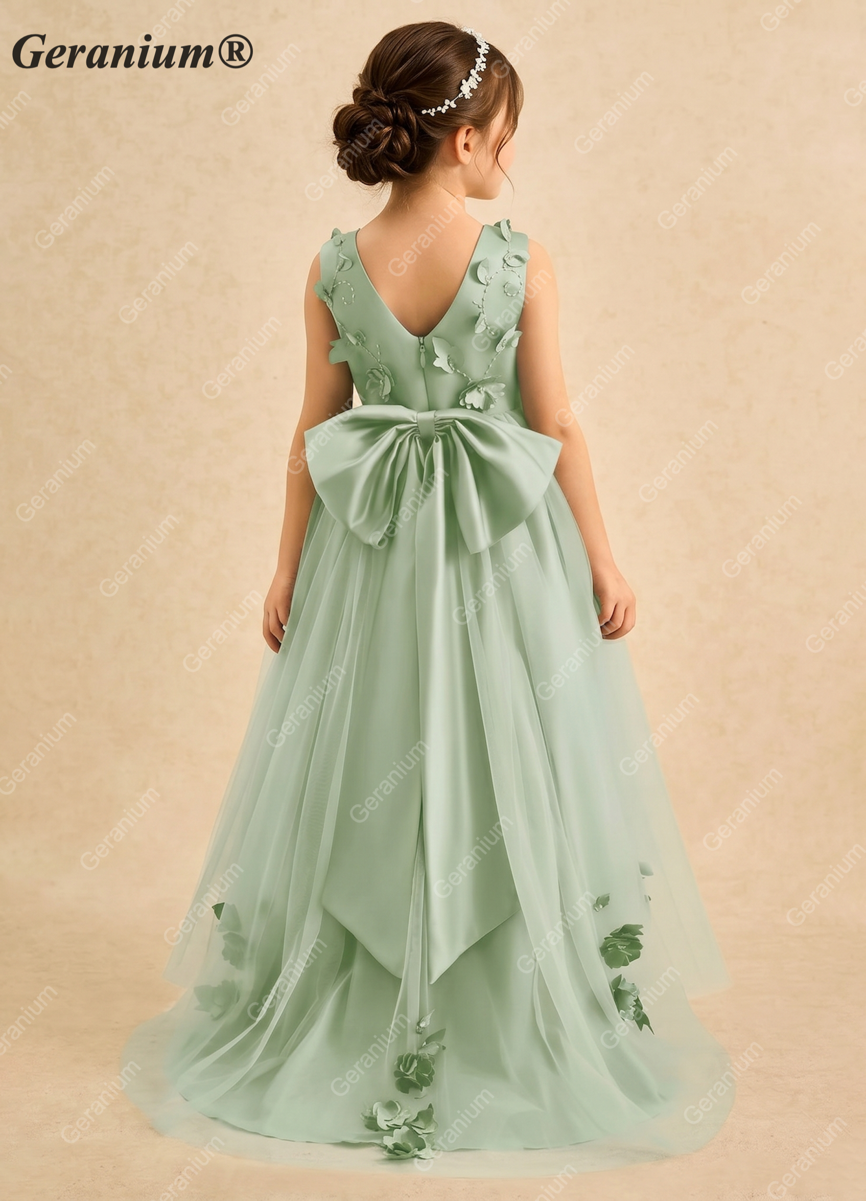 Geranium 3D Floral Applique Sage Green Flower Girl Dress - High-Low Tulle Ball Gown with Satin Bow KD-91