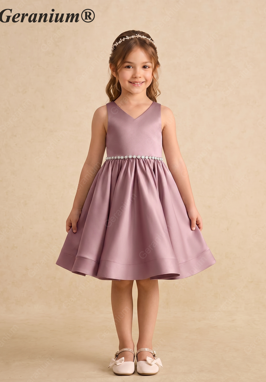 Geranium Girls Mauve Satin Hi-Low Dress with Pearl Waistband & Detachable Ruffled Tulle Train KD-283