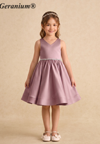 Geranium Girls Mauve Satin Hi-Low Dress with Pearl Waistband & Detachable Ruffled Tulle Train KD-283