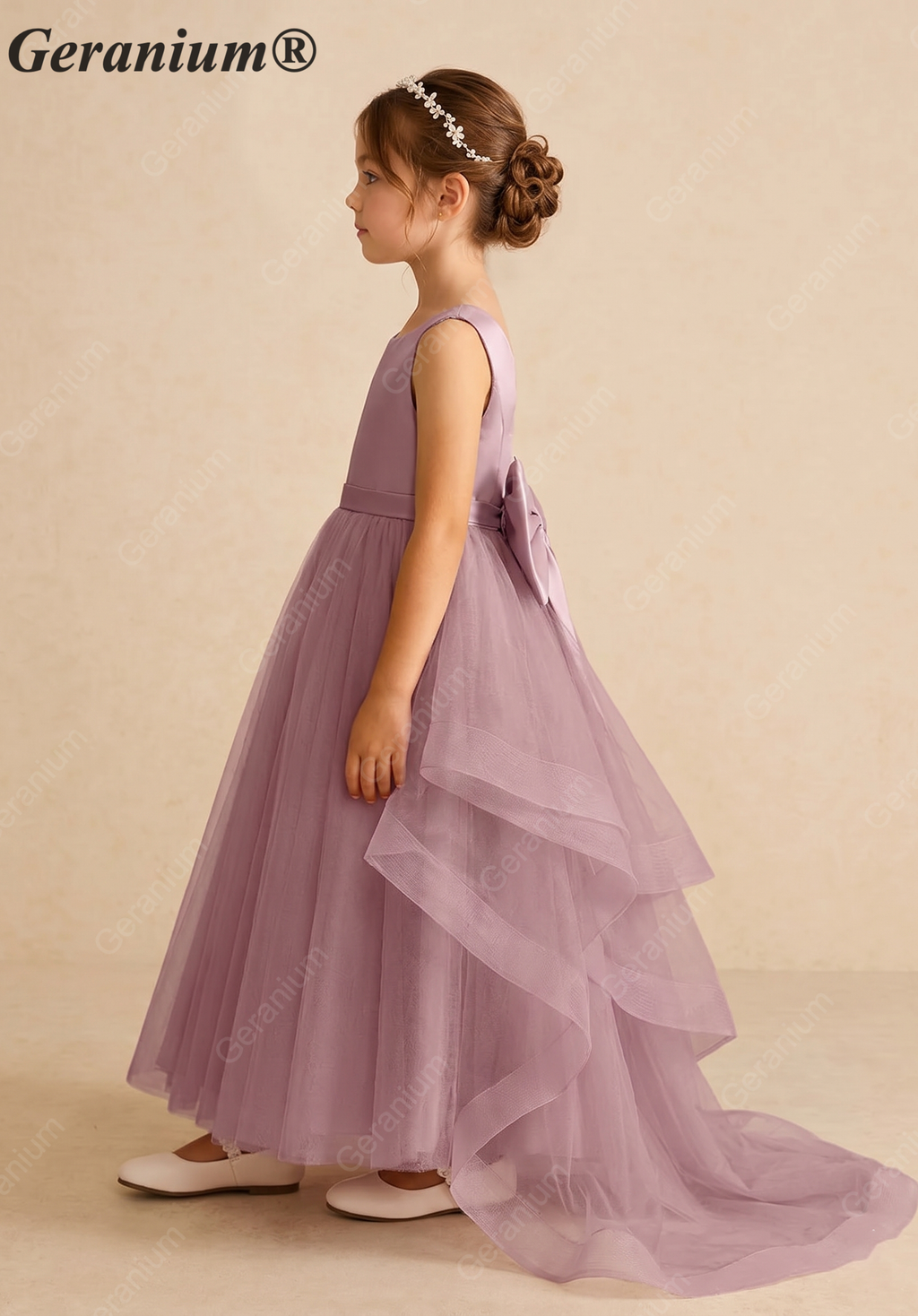 Geranium Elegant Dusty Lavender Satin Flower Girl Dress - Layered Tiered Train & Detachable Bow Back KD-189