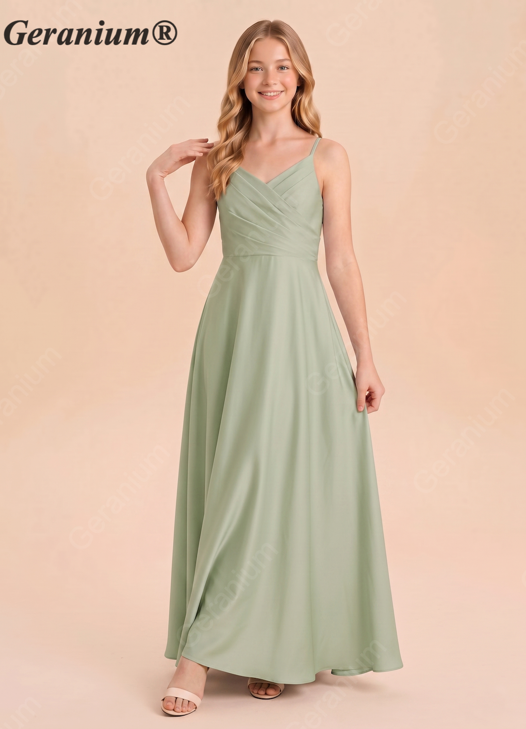 Geranium Sage Green A-Line Satin Bridesmaid Dress with Draped Back & Spaghetti Straps KD-62 Secondary image