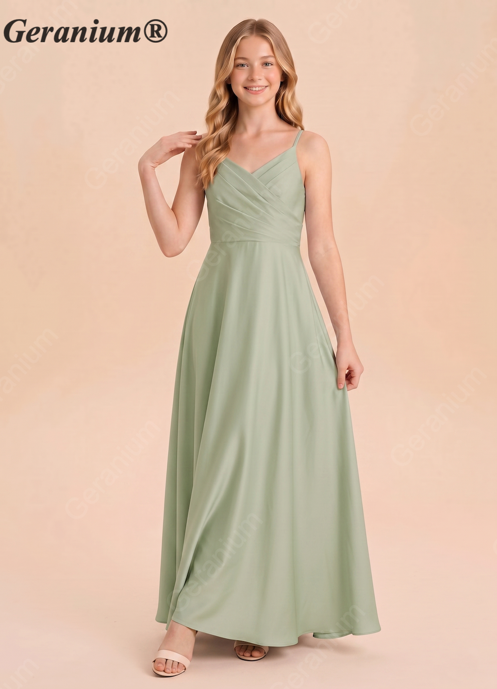Geranium Sage Green A-Line Satin Bridesmaid Dress with Draped Back & Spaghetti Straps KD-62