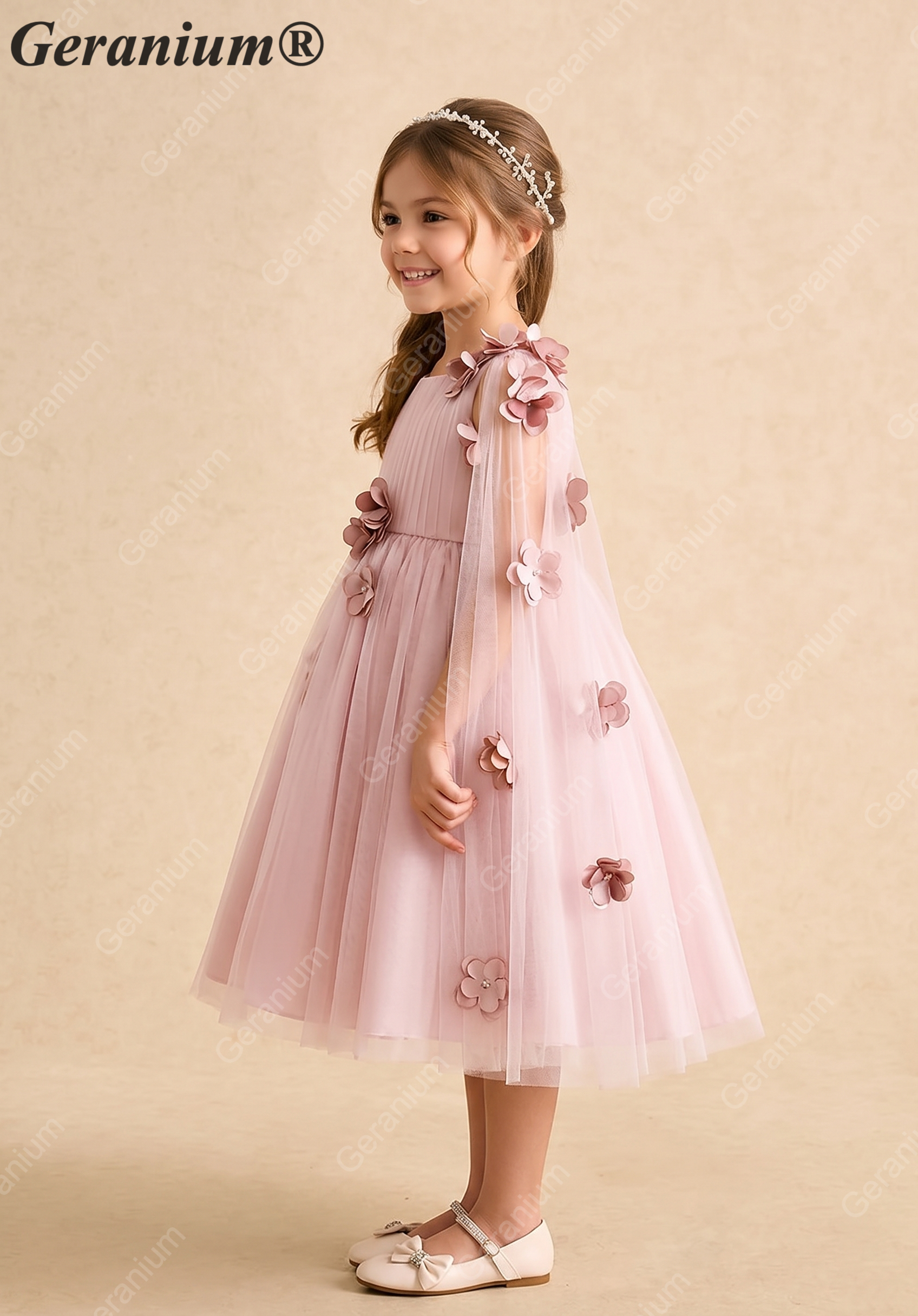 Geranium Enchanting Dusty Pink 3D Floral Flower Girl Dress with Ethereal Tulle Cape Sleeves KD-198