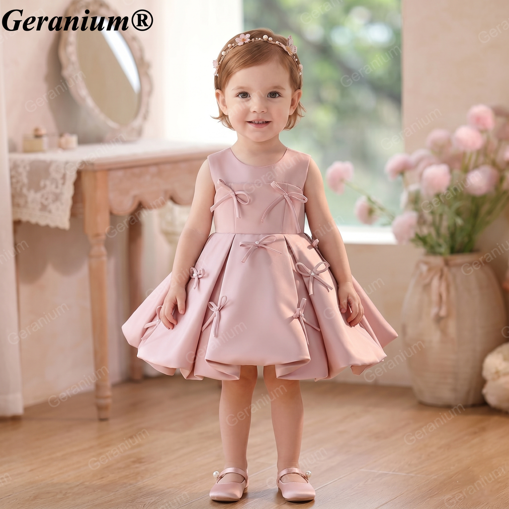 Geranium Elegant Dusty Pink Satin Bow Toddler Girl Princess Dress - Pleated Party Gown for Birthdays & Weddings KD-50